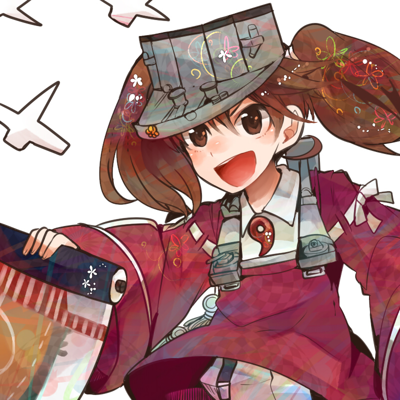 1girl brown_eyes brown_hair hat holding itomugi-kun japanese_clothes kantai_collection long_hair magatama open_mouth ryuujou_(kantai_collection) scroll simple_background smile solo suspenders turret twintails visor_cap white_background