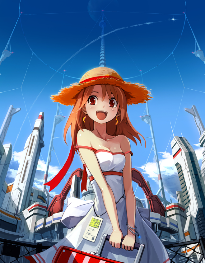 1girl :d bail bangle bare_shoulders blue_sky bracelet breasts brown_hair cityscape cleavage condensation_trail dress earrings hat jewelry long_hair luggage open_mouth orbital_elevator red_eyes science_fiction sky smile solo straw_hat white_dress