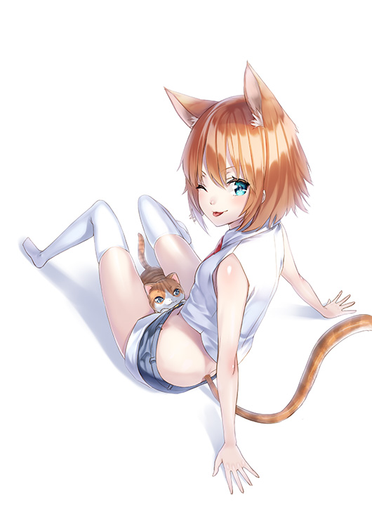 1girl ;p animal_ears aqua_eyes arm_support between_thighs cat cat_ears cat_tail from_behind kyon_(fuuran) leaning_back looking_back midriff necktie one_eye_closed orange_hair original short_shorts shorts simple_background sitting solo tail thigh-highs tongue white_background white_legwear wink