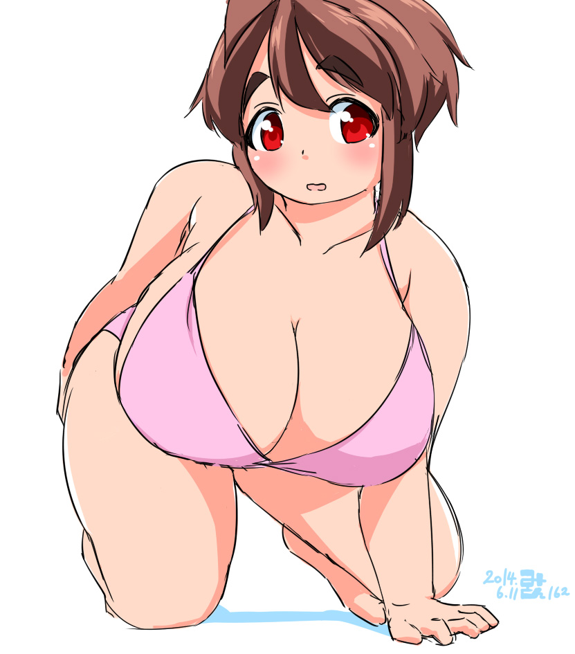 1girl 2014 arm_behind_back arm_support bikini blush breasts brown_hair cleavage dated eno_konoe eyebrows hair_up hanging_breasts huge_breasts kneeling looking_at_viewer mikomu open_mouth original pink_bikini plump red_eyes short_hair signature solo swimsuit thick_eyebrows
