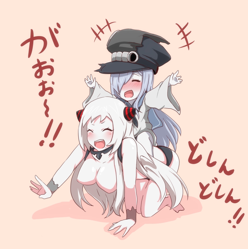 2girls airfield_hime blush breasts hair_over_one_eye horns horseback_riding i_b_b_e kantai_collection long_hair multiple_girls navel open_mouth outstretched_arms pale_skin riding school_uniform serafuku shinkaisei-kan silver_hair simple_background smile ta-class_battleship translation_request white_hair