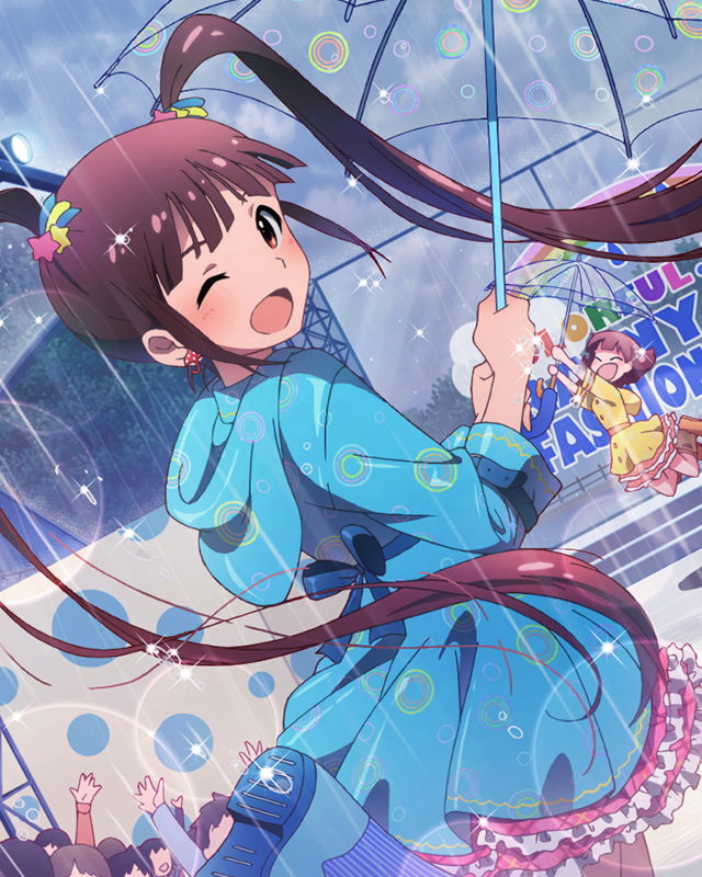 2girls ;d ^_^ blush brown_eyes brown_hair closed_eyes earrings idolmaster idolmaster_million_live! jewelry lens_flare looking_at_viewer matsuda_arisa multiple_girls official_art one_eye_closed open_mouth rain raincoat skirt smile twintails umbrella wink