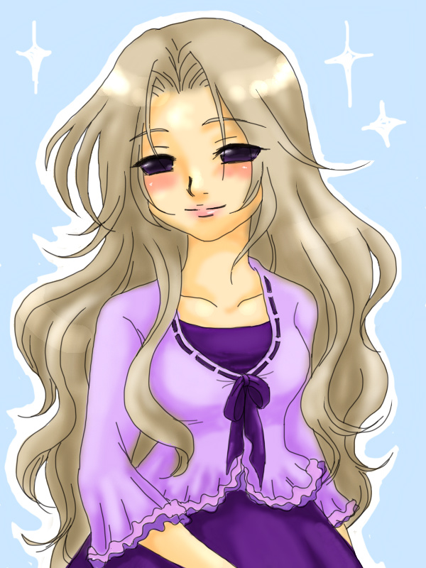 alternate_costume alternate_hairstyle clachannel dress hair_down kirishima_yurika project_justice purple_dress rival_schools smile sparkle violet_eyes