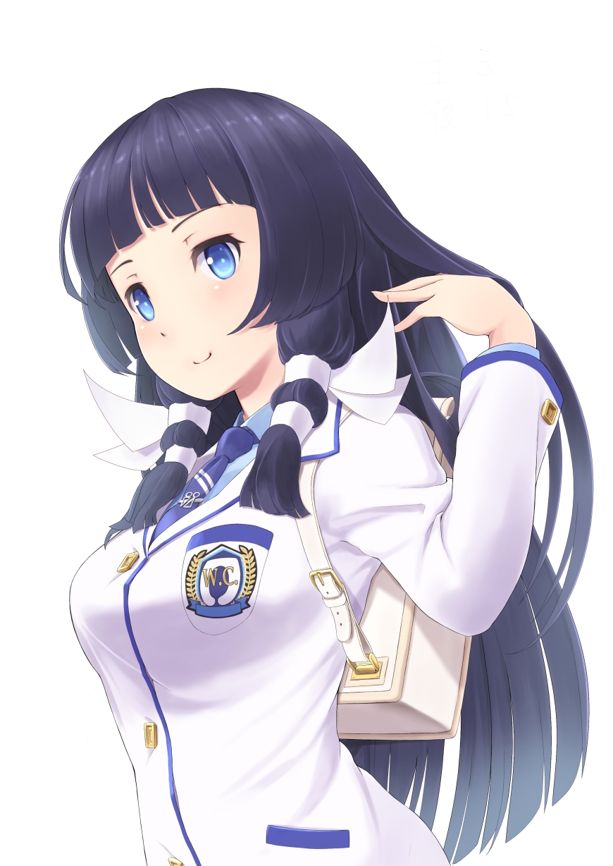 1girl backpack bag black_hair blue_eyes highres long_hair looking_at_viewer necktie original payot school_uniform simple_background smile solo wa_(genryusui) white_background