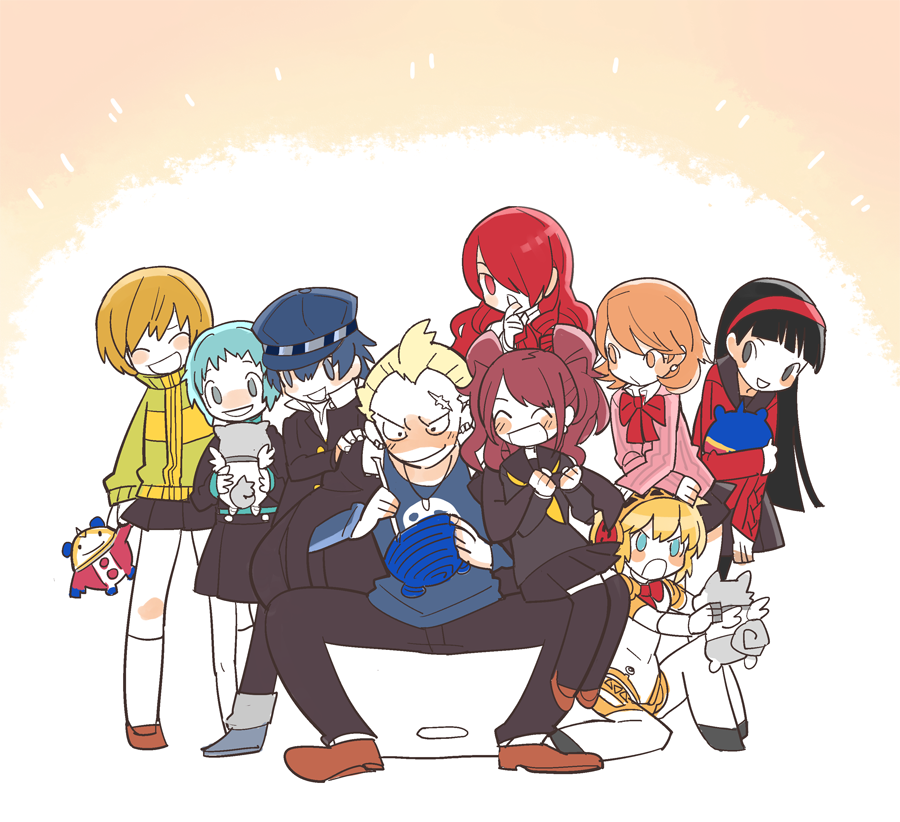 1boy 6+girls aegis amagi_yukiko android aqua_hair black_hair blonde_hair blue_eyes blue_hair brown_hair chibi closed_eyes dog flower hair_flower hair_ornament hairband hat kida_yu kirijou_mitsuru knitting koromaru kujikawa_rise kuma_(persona_4) long_hair multiple_girls persona persona_3 persona_4 persona_q redhead robot satonaka_chie school_uniform shirogane_naoto short_hair skirt smile stuffed_animal stuffed_toy takeba_yukari tatsumi_kanji yamagishi_fuuka