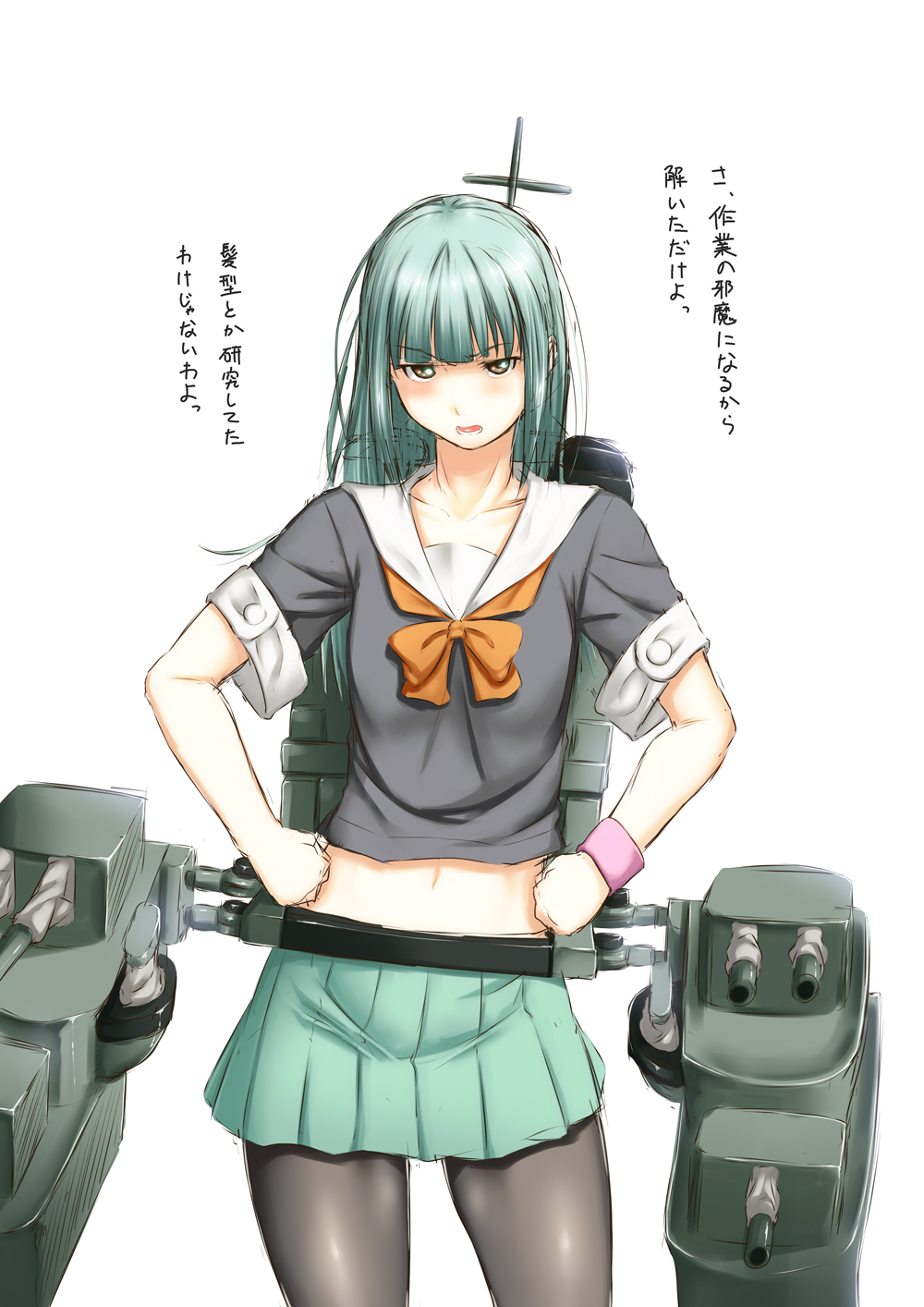 1girl aqua_hair armband black_legwear bow brown_eyes collarbone hands_on_hips highres kantai_collection long_hair looking_at_viewer midriff navel niwatazumi pantyhose pleated_skirt skirt solo thigh_gap translation_request turret white_background yuubari_(kantai_collection)