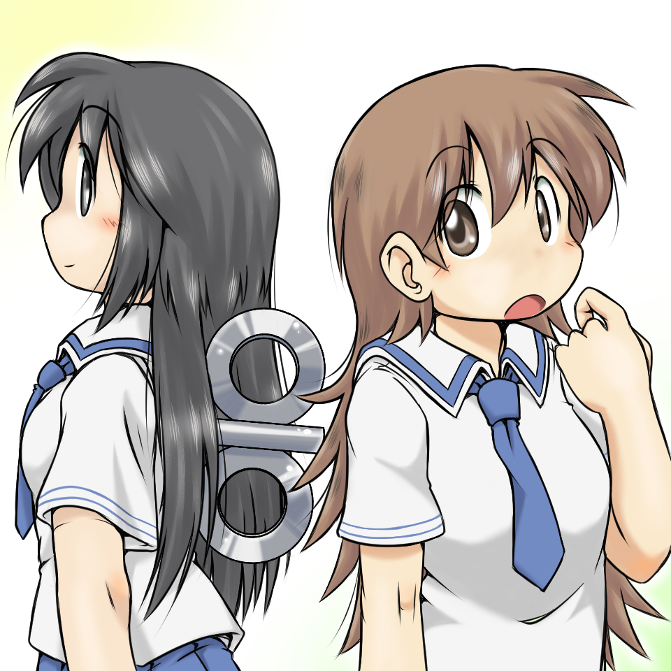 2girls aioi_yuuko alternate_hair_length alternate_hairstyle black_eyes black_hair brown_eyes brown_hair gaketsu long_hair multiple_girls nichijou school_uniform serafuku shinonome_nano short_hair winding_key