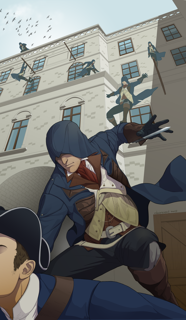 arno_dorian assassin's_creed assassin's_creed:_unity blade brown_hair coat gb_(doubleleaf) gloves hat highres hood