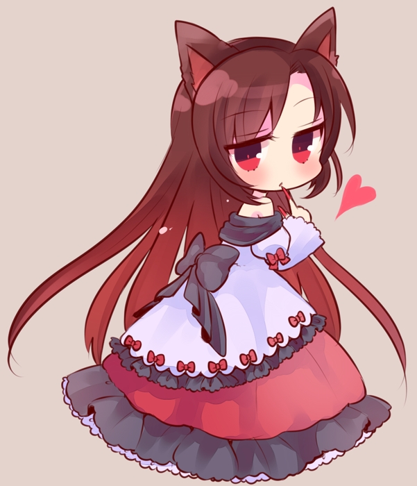 1girl animal_ears bare_shoulders blush brown_hair chibi dress fingernails heart imaizumi_kagerou jewelry long_fingernails long_hair looking_at_viewer looking_over_shoulder marshmallow_mille red_eyes solo touhou very_long_hair wolf_ears