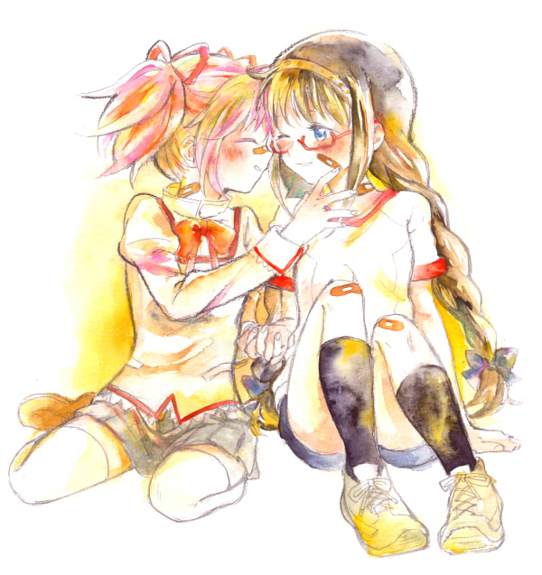 2girls akemi_homura alternate_eye_color bandaid black_hair black_legwear blue_eyes bow braid closed_eyes glasses hair_ribbon hand_on_another's_cheek hand_on_another's_face kaname_madoka long_hair looking_at_another mahou_shoujo_madoka_magica multiple_girls no+bi= pink_hair redd-framed_glasses ribbon school_uniform semi-rimless_glasses short_hair short_twintails skirt thigh-highs twin_braids twintails under-rim_glasses white_legwear yuri zettai_ryouiki