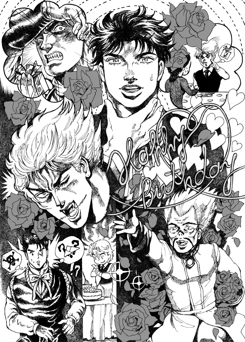 bud_(korovsme) dio_brando flower jojo_no_kimyou_na_bouken jonathan_joestar millipen_(medium) monochrome multiple_persona traditional_media wang_chan