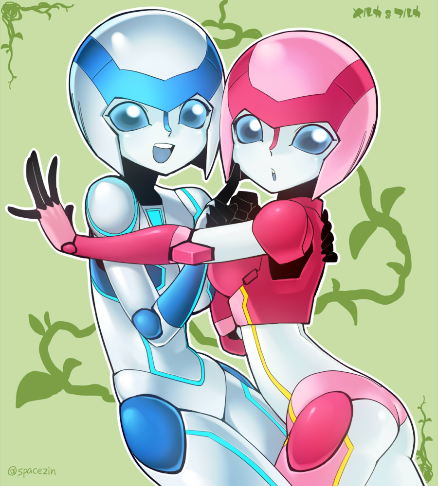 2girls :d android ass blue_eyes bob_cut breasts character_name clenched_hand furuka green_background hand_on_another's_back meruka multiple_girls nyorobotics open_mouth pointing robot robot_joints simple_background smile solid_eyes space_jin teeth text