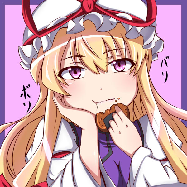 1girl blonde_hair cracker eating food hand_on_own_cheek hat kyoukyan long_hair pink_background ribbon simple_background solo touhou violet_eyes yakumo_yukari