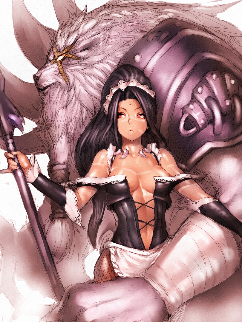 1boy 1girl apron armor bare_shoulders black_hair breasts center_opening cleavage fumio_(rsqkr) league_of_legends lips maid maid_headdress nidalee ponytail red_eyes rengar scar staff