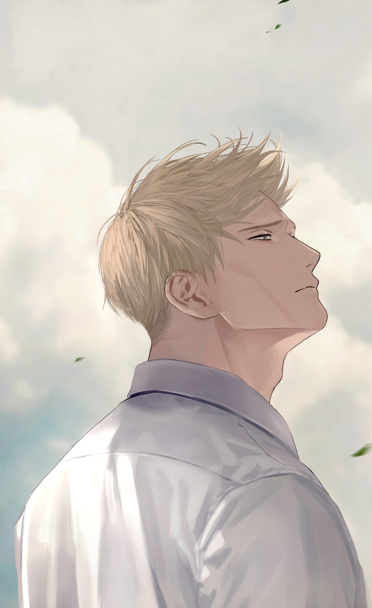 1boy bangs blonde_hair blue_eyes closed_mouth clouds cloudy_sky collared_shirt commentary day from_behind grey_sky half-closed_eyes highres jpeg_artifacts jujutsu_kaisen kuro_(grf) looking_up male_focus nanami_kento outdoors shirt short_hair sky solo upper_body white_shirt wind