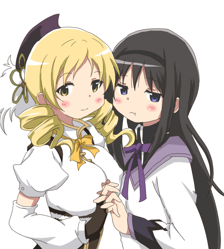 :t akemi_homura asymmetrical_docking beret black_hair blonde_hair breast_press corset detached_sleeves drill_hair fingerless_gloves gloves hair_ornament hairband hairpin hat holding_hands hoshino. interlocked_fingers long_hair magical_girl mahou_shoujo_madoka_magica pout puffy_sleeves ribbon simple_background smile tomoe_mami twin_drills twintails violet_eyes white_background yellow_eyes