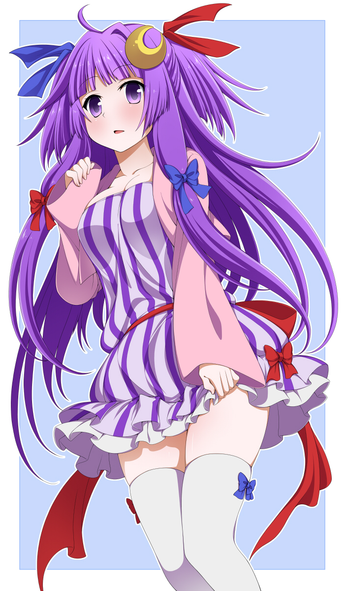 1girl adapted_costume alternate_costume alternate_hairstyle bow crescent_hair_ornament eichi_yuu frilled_skirt frills hair_bow hair_ornament hair_ribbon highres long_hair looking_at_viewer parted_lips patchouli_knowledge purple_hair ribbon simple_background skirt solo tagme thigh-highs touhou two-tone_background two_side_up violet_eyes white_legwear