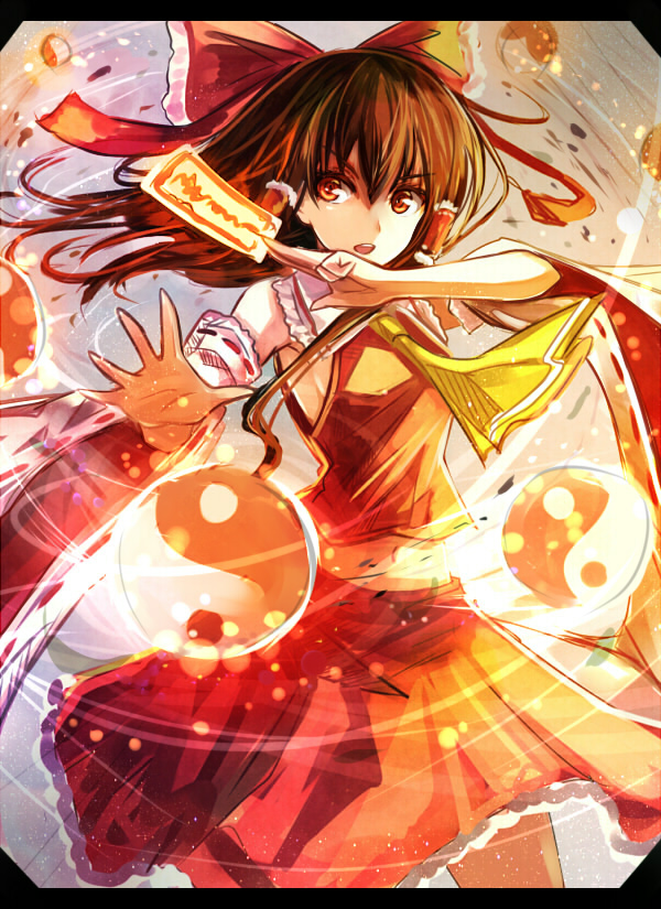 1girl ascot bow brown_eyes brown_hair detached_sleeves hair_bow hair_tubes hakurei_reimu letterboxed long_sleeves looking_at_viewer midriff open_mouth shirt skirt skirt_set solo spell_card touhou wide_sleeves yin_yang zeb_nakaichi