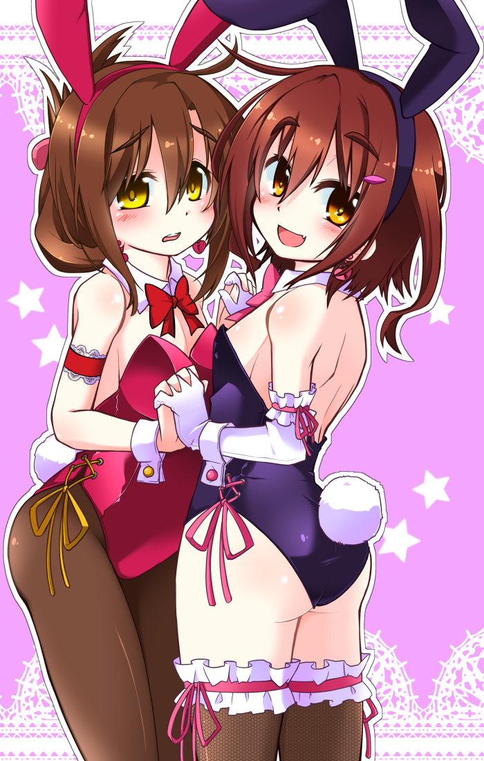 2girls animal_ears arm_garter ass blush bowtie brown_eyes brown_hair bunny_girl bunny_tail bunnysuit detached_collar earrings elbow_gloves fang fishnet_legwear fishnets folded_ponytail gin_(shioyude) gloves hair_ornament hairclip heart-shaped_lock holding_hands ikazuchi_(kantai_collection) inazuma_(kantai_collection) interlocked_fingers jewelry kantai_collection looking_at_viewer multiple_girls open_mouth pantyhose rabbit_ears short_hair smile tail thigh-highs white_gloves wrist_cuffs