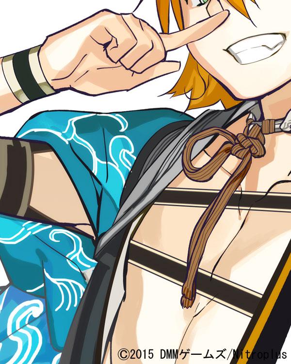 1boy artist_request close-up company_name dated green_eyes grin japanese_clothes jpeg_artifacts male_focus official_art orange_hair simple_background smile solo touken_ranbu urashima_kotetsu white_background