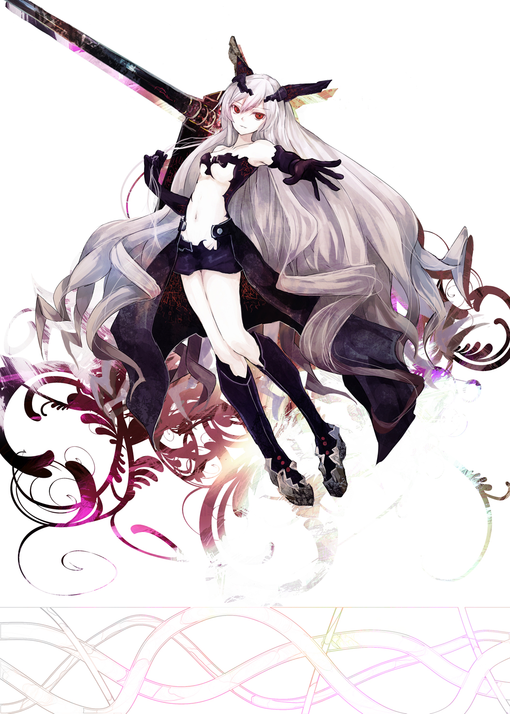 1girl anchorage_hime asagi_shii black_gloves breasts elbow_gloves gloves highres kantai_collection long_hair looking_at_viewer navel red_eyes shinkaisei-kan silver_hair simple_background smile solo tagme very_long_hair white_background