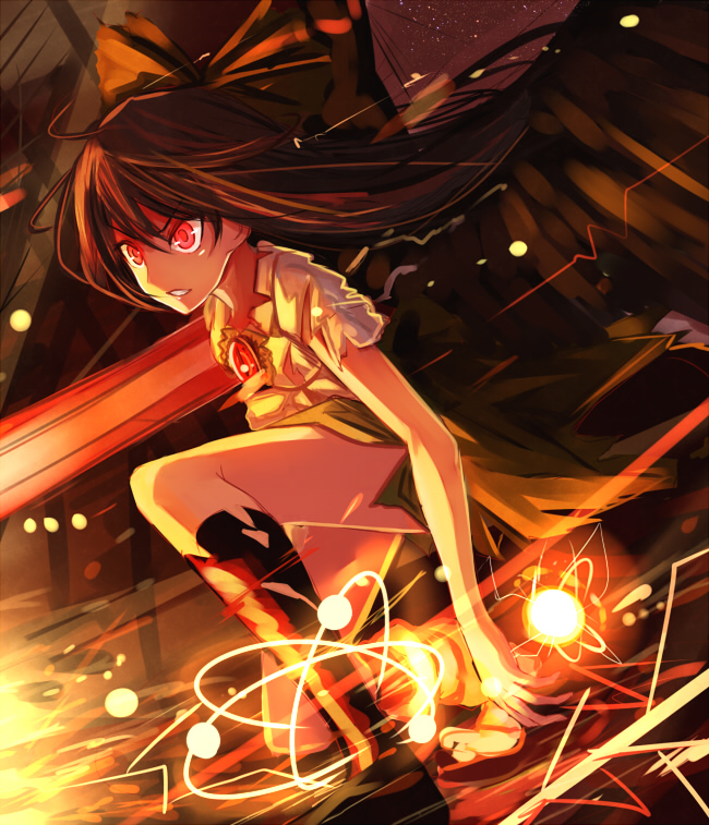 1girl arm_cannon bird_wings black_wings boots bow brown_hair energy_ball glowing glowing_eyes hair_bow knee_boots long_hair red_eyes reiuji_utsuho shirt skirt solo third_eye torn_clothes torn_shirt torn_skirt torn_sleeves touhou very_long_hair weapon wings zeb_nakaichi