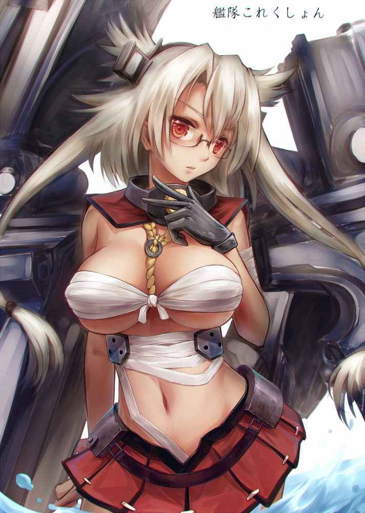 1girl breasts dark_skin glasses gloves grey_hair kantai_collection large_breasts midriff red_eyes short_hair skirt solo xiaoyin_li