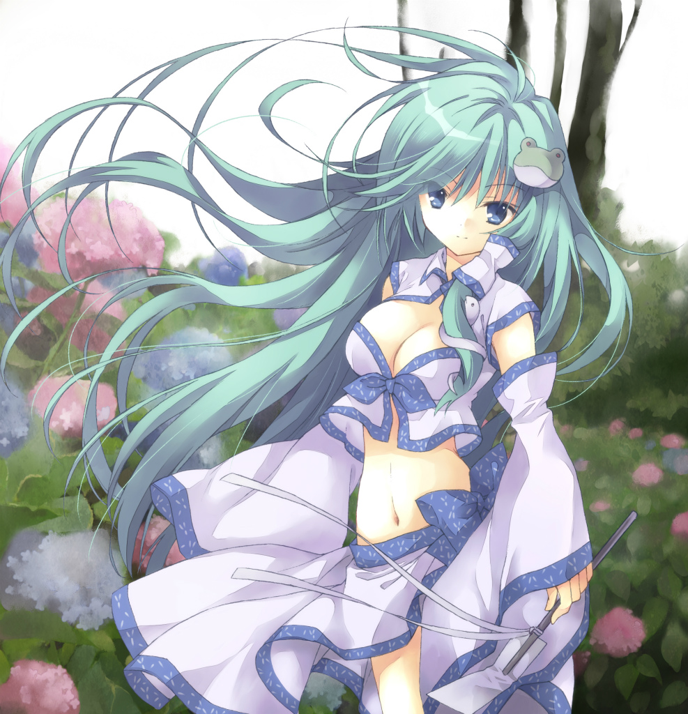 1girl adapted_costume blue_eyes blurry breasts cleavage depth_of_field detached_sleeves flower frog_hair_ornament front-tie_top gohei green_eyes green_hair hair_ornament hair_tubes hydrangea kochiya_sanae light_smile long_hair looking_at_viewer midriff navel outdoors sarong sleeves_past_wrists snake_hair_ornament solo touhou tree white_background wind yutamitan