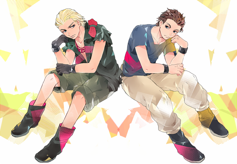 2boys blonde_hair blue_eyes brown_hair eli_(mgs) jewelry metal_gear_(series) metal_gear_solid_v multiple_boys necklace oreha00701 shorts solid_snake tooth_necklace