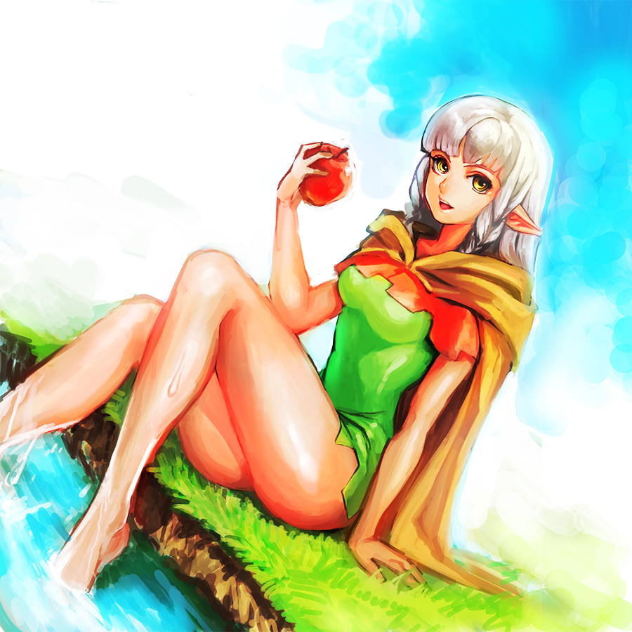 1girl amber_eyes apple arm_support barefoot blue_sky braid cloak clouds cloudy_sky dragon's_crown dutch_angle elf elf_(dragon's_crown) feet_in_water food fruit grass hood kokounooyazi legs long_hair no_lineart open_mouth outdoors pointy_ears sitting sky soaking_feet solo thighs twin_braids water wet