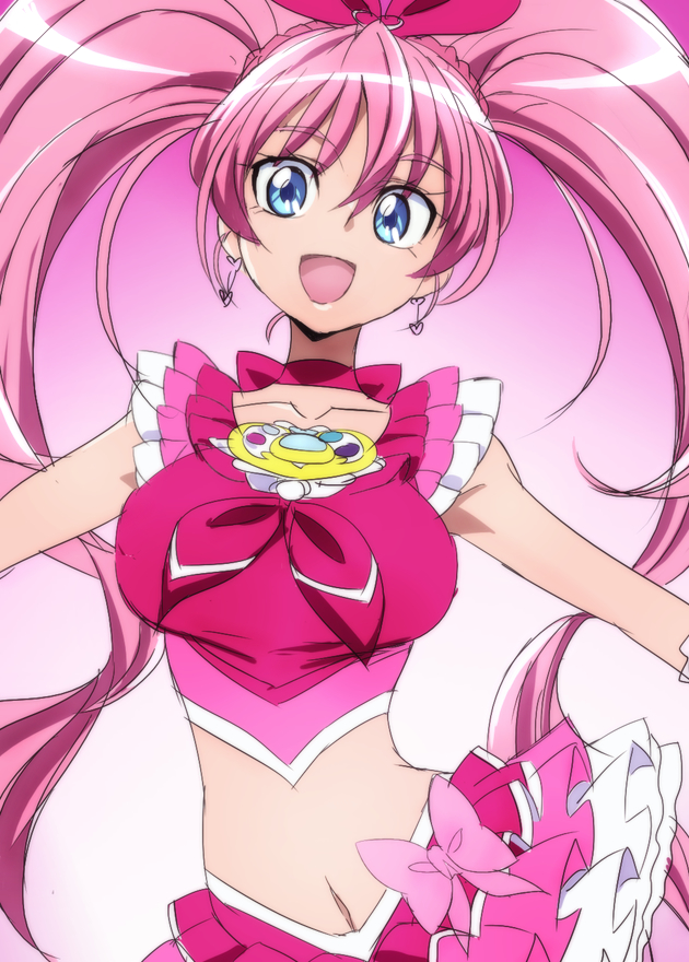 1girl blue_eyes breasts brooch choker cure_melody frilled_skirt frills gradient gradient_background houjou_hibiki jewelry manji_(tenketsu) midriff navel open_mouth pink_background pink_hair precure skirt suite_precure twintails