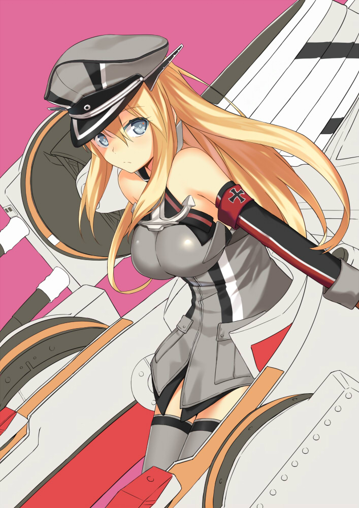1girl bismarck_(kantai_collection) blonde_hair blue_eyes blush breasts cccpo detached_sleeves gloves grey_legwear hat kantai_collection long_hair looking_at_viewer military military_hat military_uniform peaked_cap personification solo thigh-highs uniform