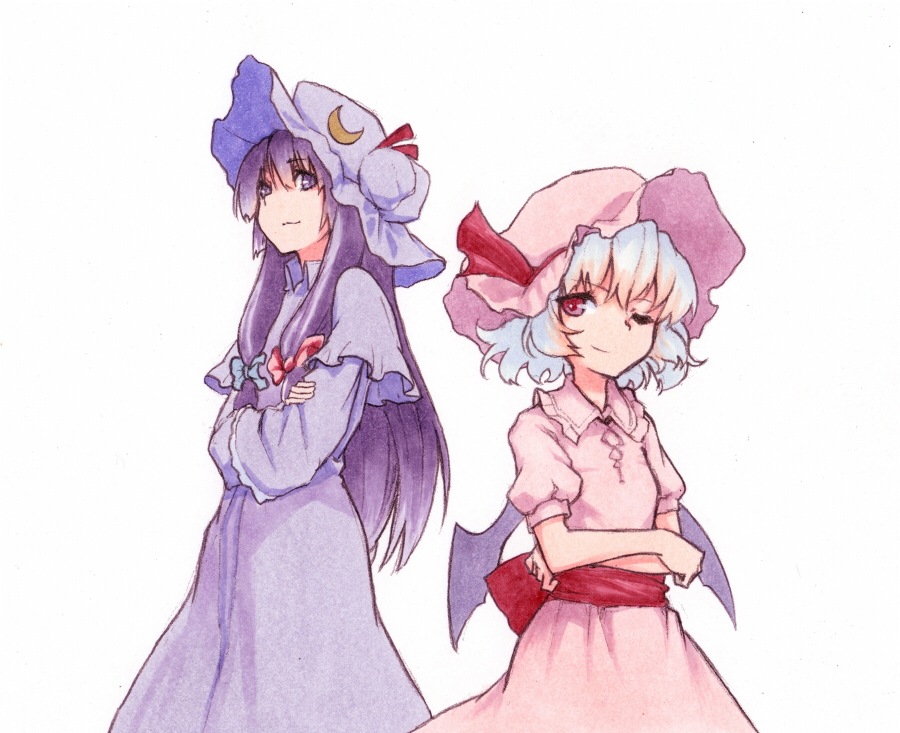 2girls bat_wings blue_hair bow capelet cowboy_shot crescent_hair_ornament crossed_arms double_bun graphite_(medium) hair_bow hair_ornament hat hat_ribbon light_smile long_hair looking_at_viewer marker_(medium) mob_cap multiple_girls one_eye_closed patchouli_knowledge payot puffy_short_sleeves puffy_sleeves purple_hair red_eyes remilia_scarlet ribbon robe sash shiratama_(hockey) short_hair short_sleeves simple_background skirt skirt_set smirk touhou traditional_media violet_eyes white_background wings