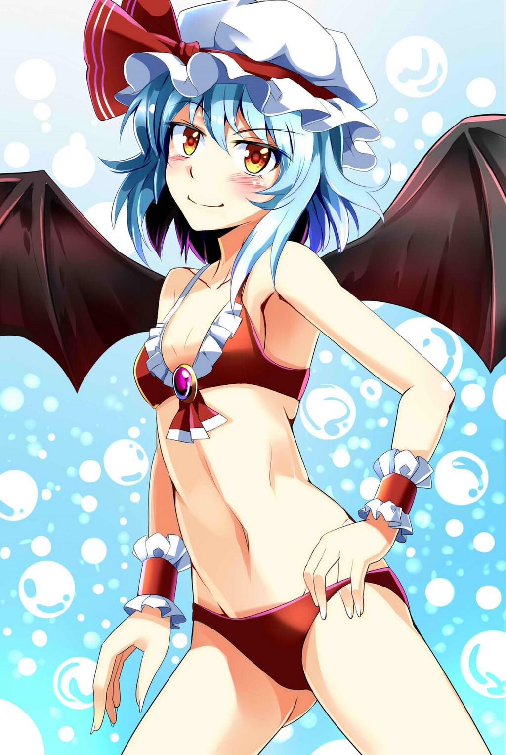 1girl amber_eyes ascot bat_wings bikini blue_hair blush brooch bubble collarbone e.o. hat hat_ribbon highres jewelry looking_at_viewer mob_cap navel red_bikini remilia_scarlet ribbon small_breasts smile solo swimsuit touhou wings wrist_cuffs