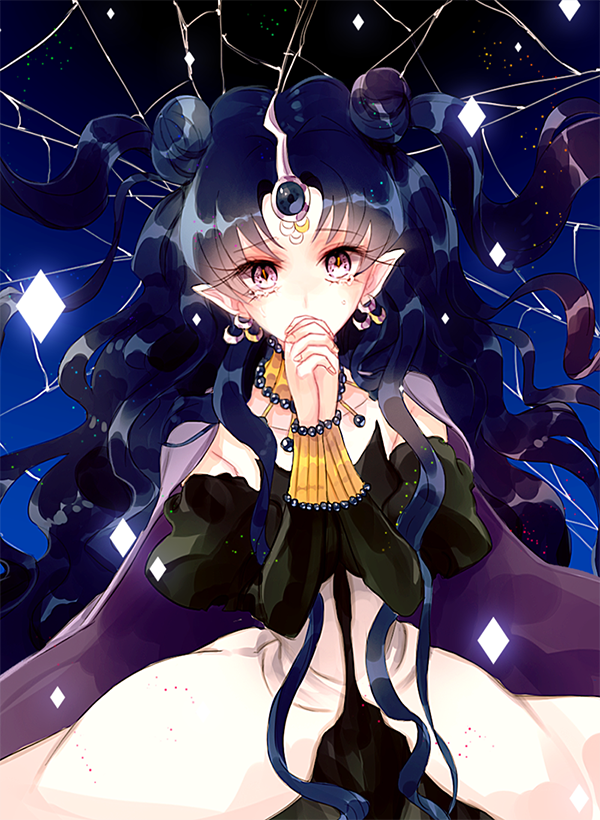 1girl ahma bare_shoulders bishoujo_senshi_sailor_moon broken_glass covering_mouth double_bun earrings eyelashes glass hands_clasped jewelry long_hair looking_at_viewer nehelenia pearl pointy_ears sad slit_pupils solo tears very_long_hair