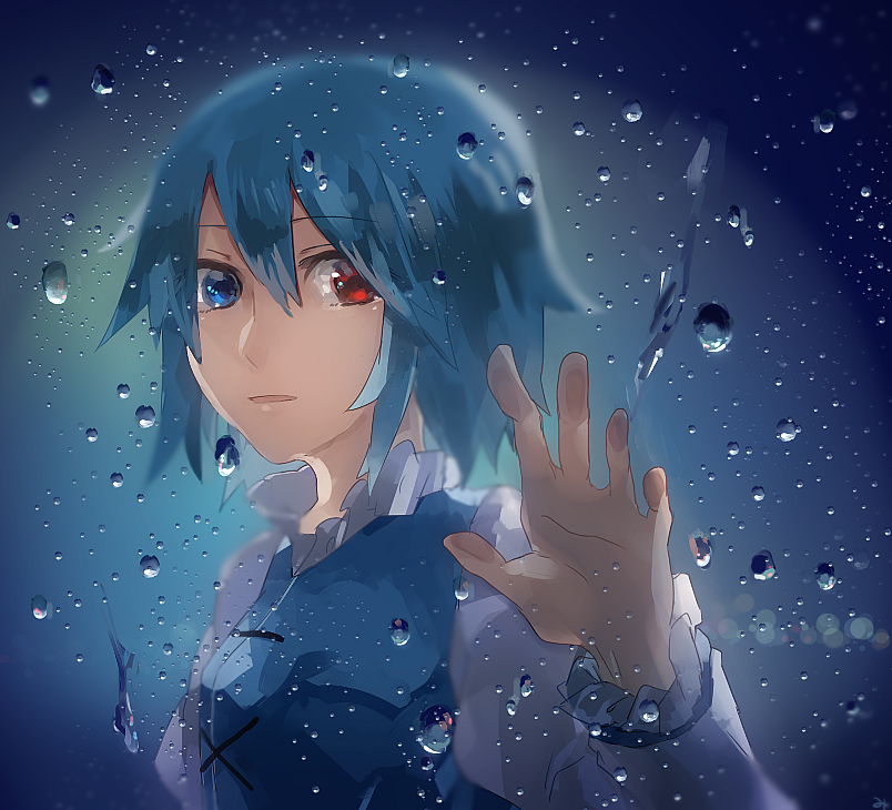 1girl against_glass blue_dress blue_hair dress droplets heterochromia juliet_sleeves long_sleeves looking_at_viewer migihidari_(puwako) puffy_sleeves solo tatara_kogasa touhou vest