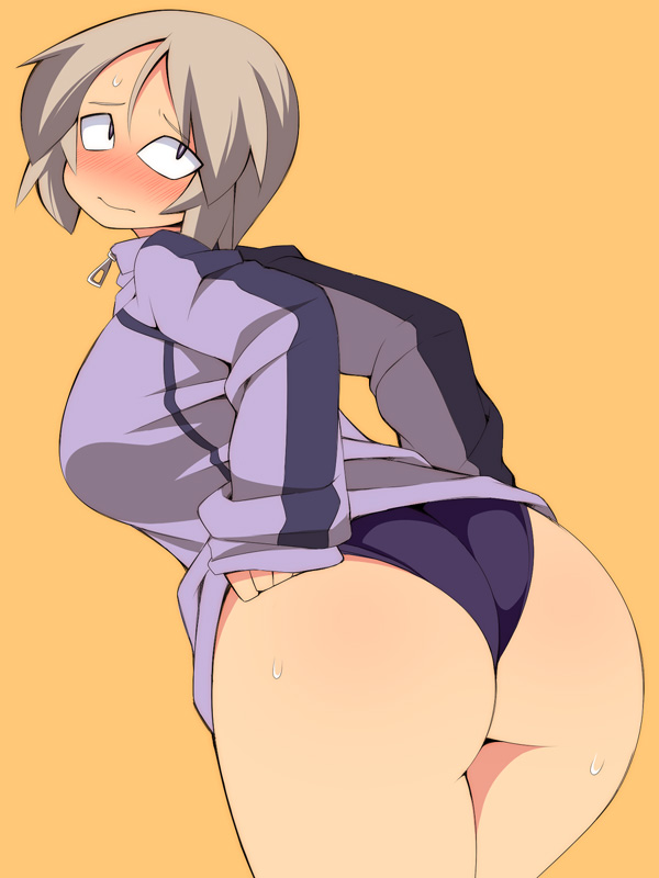 1girl ass bare_legs blush from_behind leaning_forward looking_over_shoulder orange_background original short_hair silver_hair sleeves_past_wrists solo sports_jacket thighs track_jacket ushi violet_eyes wavy_mouth