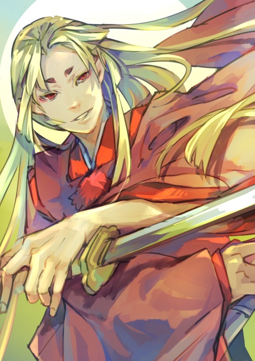 1boy ayajik blonde_hair japanese_clothes long_hair ookami_(game) red_eyes short_eyebrows solo sword ushiwakamaru weapon