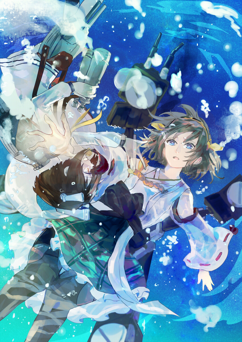 2girls asphyxiation blue_eyes brown_eyes brown_hair bubble detached_sleeves drowning faux_traditional_media hair_ornament hairband hiei_(kantai_collection) highres holding in_water kantai_collection kotaro-nosuke machinery multiple_girls nontraditional_miko open_mouth reaching short_hair tagme turret yukikaze_(kantai_collection)