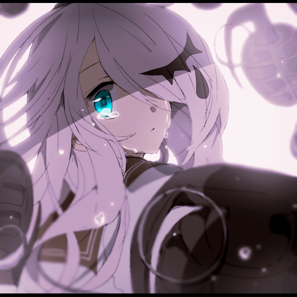 1girl blue_eyes blurry crying crying_with_eyes_open explosive grenade hair_ornament hair_over_one_eye ia_(vocaloid) long_hair looking_at_viewer looking_back misoan rough school_uniform serafuku solo tagme tears vocaloid white_hair