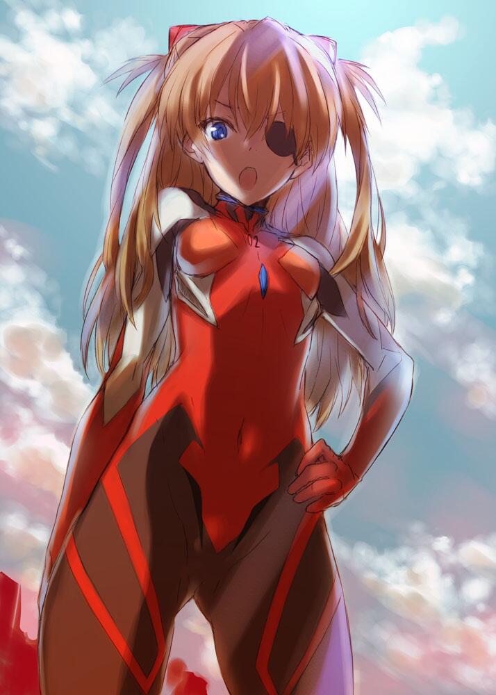 1girl :o blue_eyes bodysuit brown_hair covered_navel cowboy_shot evangelion:_3.0_you_can_(not)_redo eyepatch from_below hair_ornament hand_on_hip kawata_hisashi long_hair looking_down neon_genesis_evangelion open_mouth plugsuit rebuild_of_evangelion shikinami_asuka_langley sky solo souryuu_asuka_langley twintails two_side_up