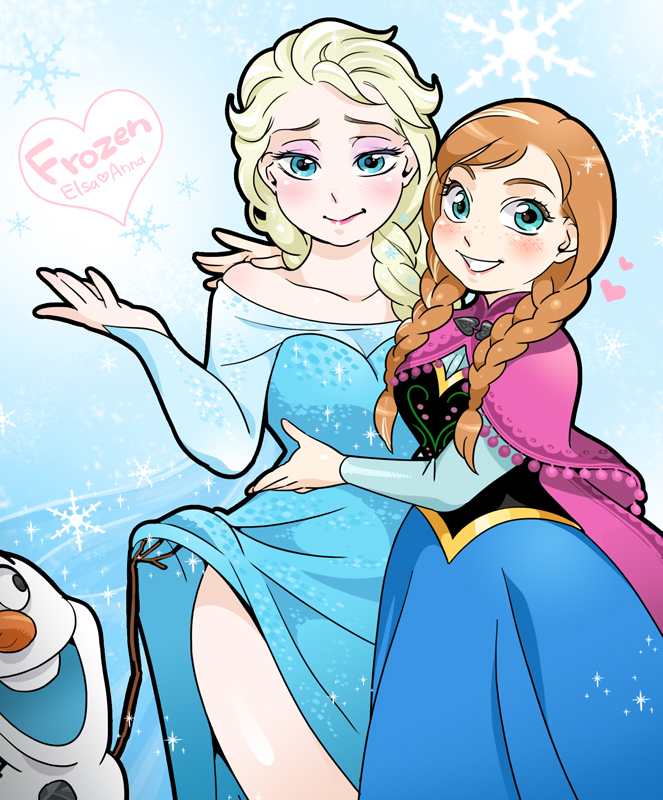 2girls anna_(frozen) blonde_hair blue_eyes blush braid brown_hair cape character_name commentary_request copyright_name doboshiru dress dress_lift elsa_(frozen) eyeshadow freckles frozen_(disney) heart lips looking_at_viewer makeup multiple_girls olaf_(frozen) parted_lips siblings sisters smile snowflakes snowman twin_braids