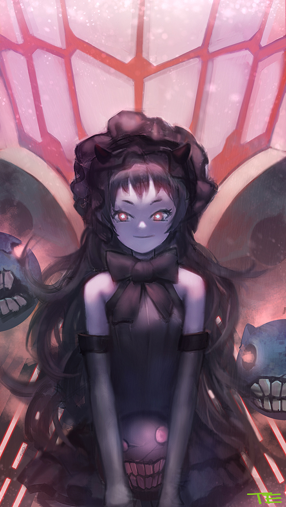 1girl black_dress black_hair bow dress frilled_dress frills glowing glowing_eyes gothic_lolita hat horns isolated_island_oni kantai_collection lolita_fashion long_hair personification red_eyes shinkaisei-kan solo te very_long_hair