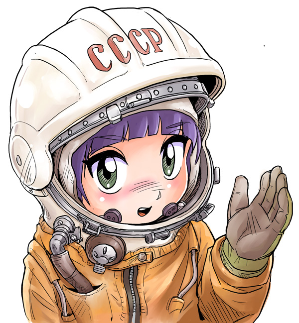 astronaut blush gloves green_eyes helmet kiichi purple_hair real_life simple_background solo soviet_union spacesuit valentina_tereshkova