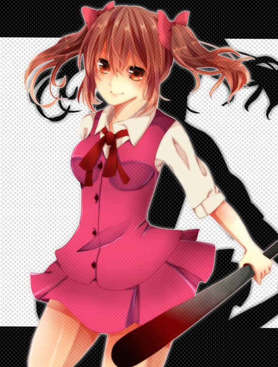 1girl aki_(misao) bangs baseball_bat bat blood bloody_weapon blush bow brown_hair buttons collared_shirt hair_bow hair_ornament holding lips looking_at_viewer misao orange_eyes payot pink_bow pink_skirt polka_dot polka_dot_background school_uniform shadow shiny shiny_skin skirt smile solo thigh-highs twintails uniform weapon yuippe