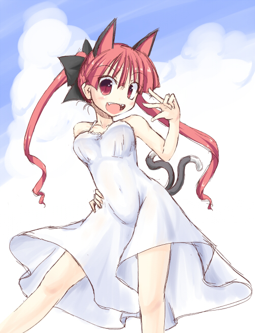 1girl :d alternate_costume animal_ears bow breasts cat_ears cat_tail clouds covered_navel dress fangs from_below hair_bow hand_on_hip ichidai_taisa kaenbyou_rin long_hair multiple_tails open_mouth red_eyes redhead see-through sky smile solo strap tail touhou two_tails white_dress