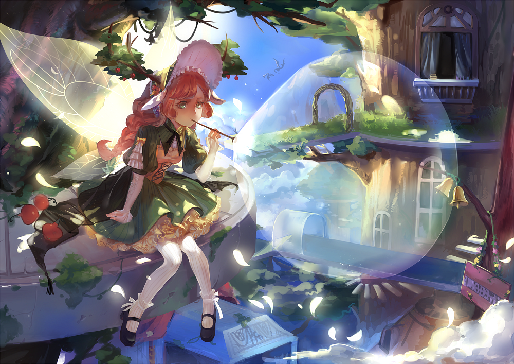 1girl blush bubble_blowing dress fairy fairy_wings green_eyes hat long_hair mary_janes original pointy_ears redhead revision rifsom shoes solo striped striped_legwear tree vertical-striped_legwear vertical_stripes wings
