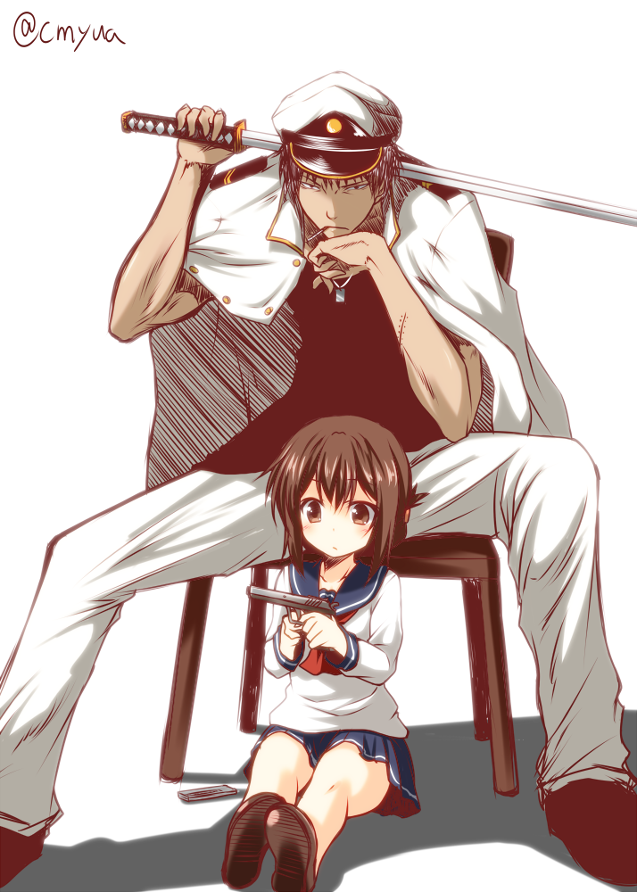 1boy 1girl admiral_(kantai_collection) brown_eyes brown_hair chair cigarette folded_ponytail holding inazuma_(kantai_collection) jacket_on_shoulders kantai_collection katana school_uniform serafuku simple_background smoking sword twitter_username weapon weapon_request white_background yua_(checkmate)