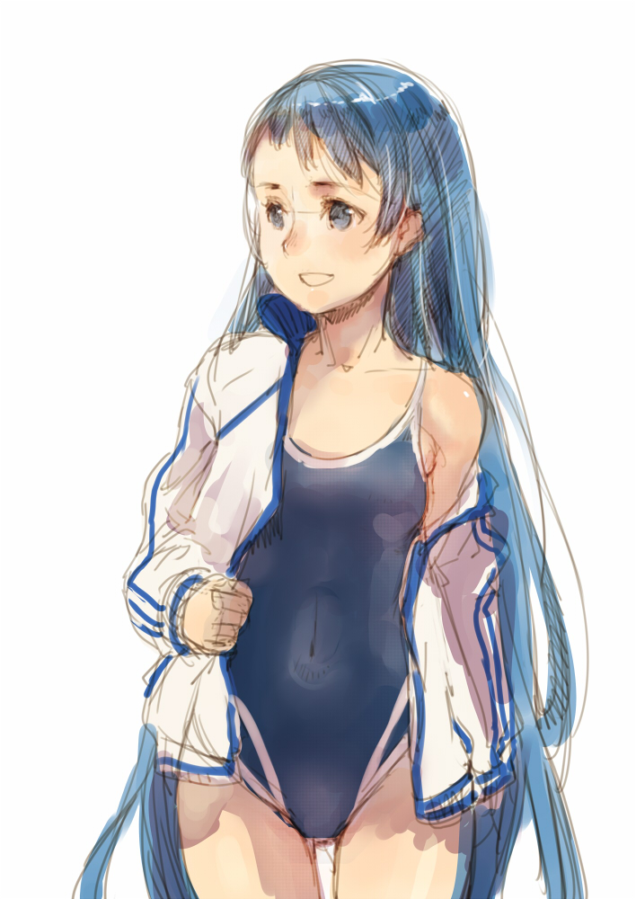 1girl alternate_costume blue_eyes blue_hair branch_(blackrabbits) kantai_collection long_hair one-piece_swimsuit rough samidare_(kantai_collection) simple_background smile solo swimsuit track_jacket white_background