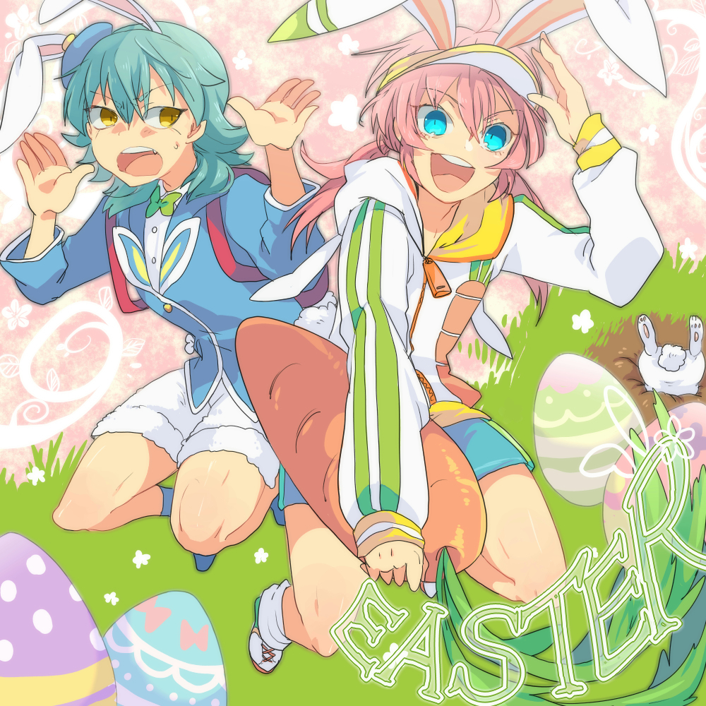 2boys animal_ears aqua_hair blue_eyes carrot easter easter_egg english hoodie inazuma_eleven_(series) inazuma_eleven_go kariya_masaki kirino_ranmaru long_hair male multiple_boys open_mouth pink_hair rabbit_ears shirota69 twintails yellow_eyes